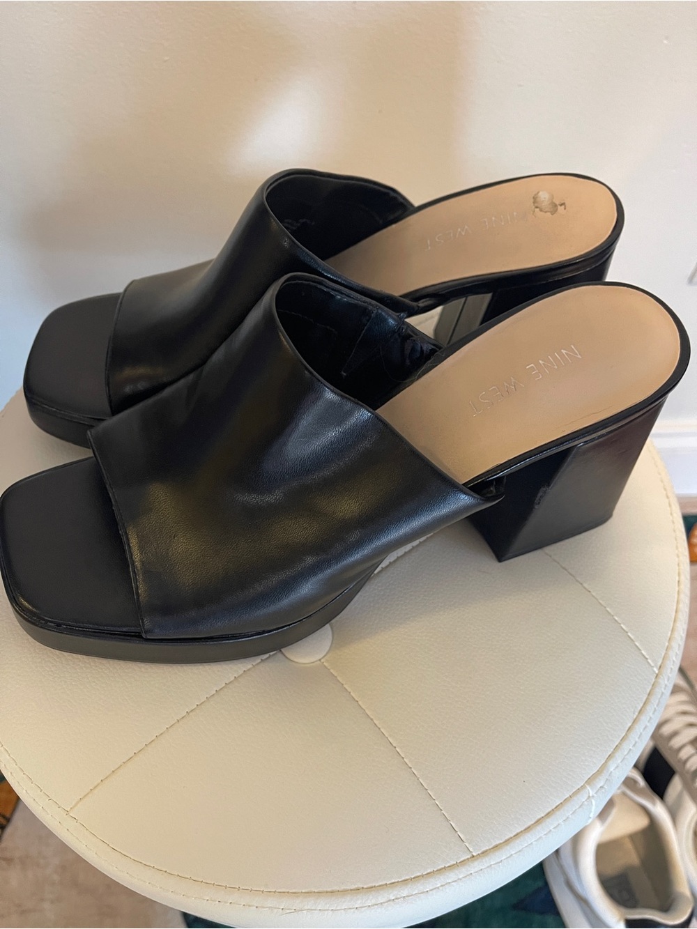 Nine West Black Open-Toe Block Heel Mules